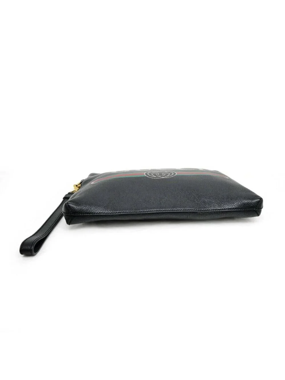 Gucci Logo Print Clutch Black Gold Leather